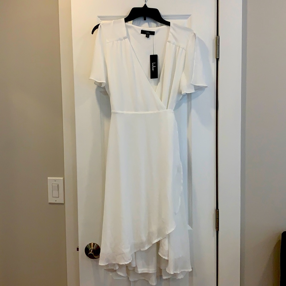 Lulu’s Rise to the Occasion White Midi Wrap Dress